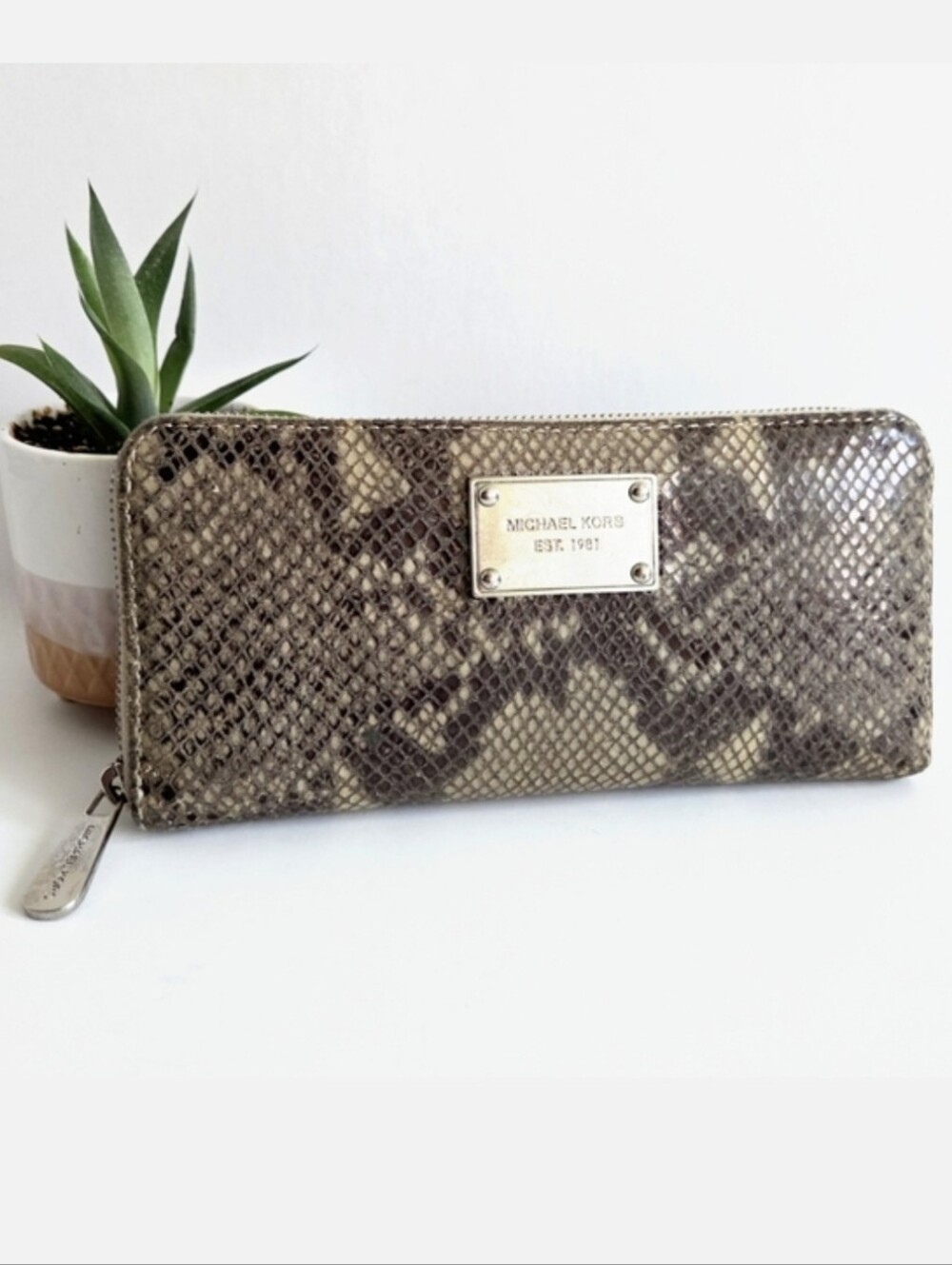 Michael Kors Tan & Brown Leather Snake Zip-Around Wallet With Silver Hardware